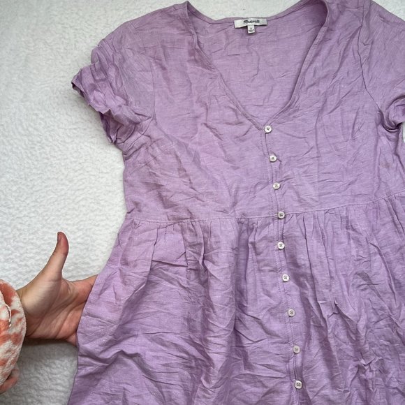 Madewell | Linen Blend Alexandra Button Front V Neck Mini Dress Lilac Lavender S - Picture 5 of 10